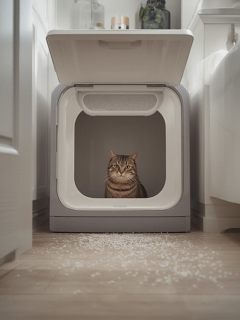 hooded litterbox in action